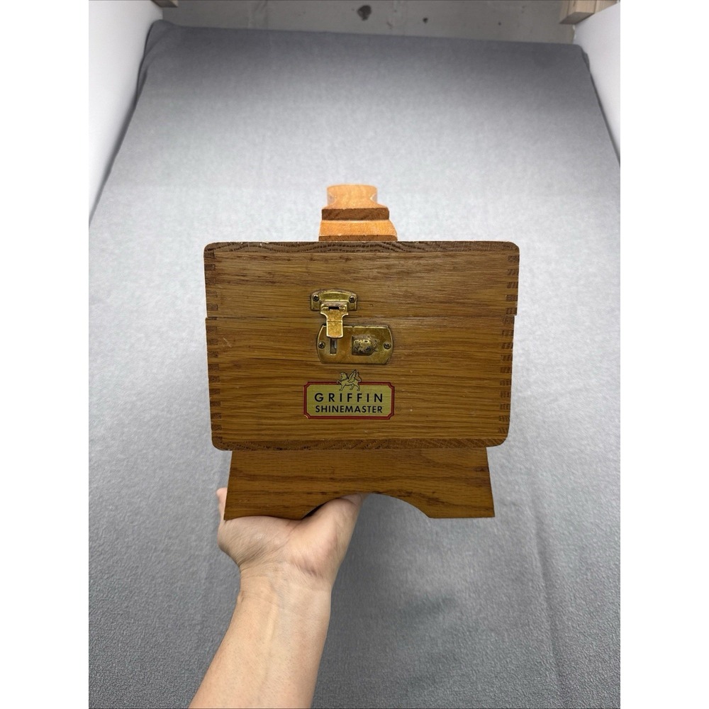 vintage oak griffin shoe shine box with footrest, includes brushes